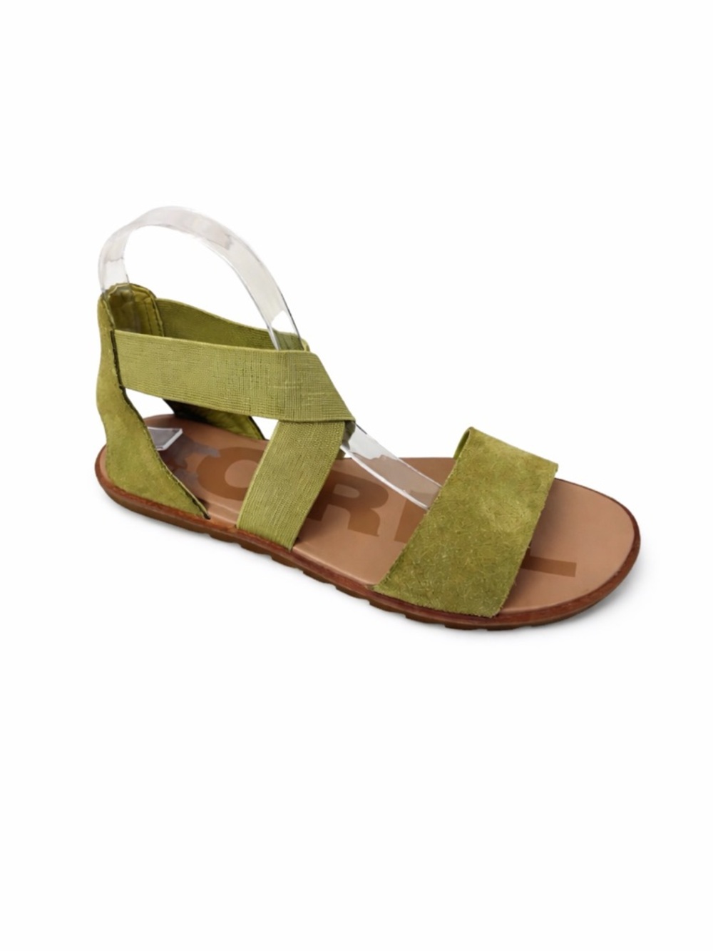 Sorel Ella II Sandal Olive Green Suede Elastic Strap Flat Size 8.5
